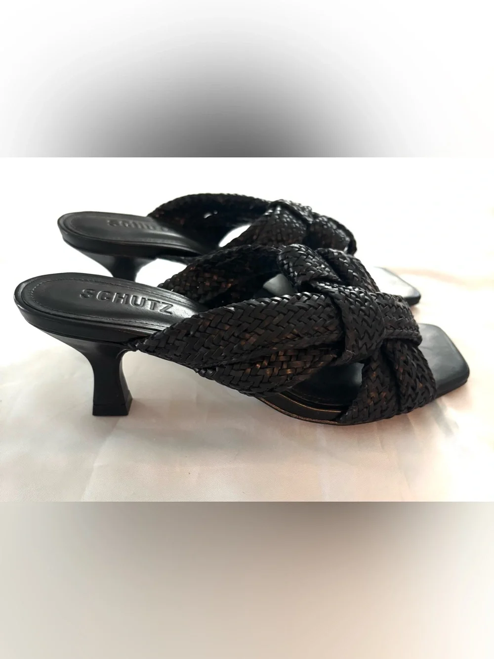 NWT SCHUTZ Black Kali Kitten Walk Heel Sandals Braided SZ 6.5 B